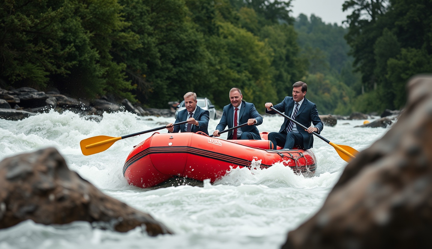 Des dirigeants en costume pagaient dans un raft au milieu de rapides